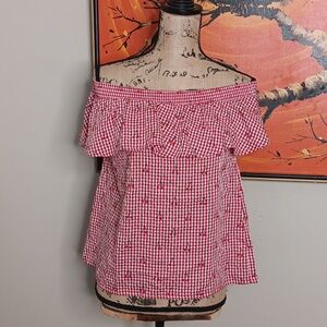 Unique Vintage Red and White Gingham Cherry Print Luanne Top Size L
